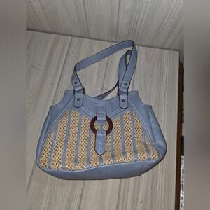 B.O.C Baby Blue Leather Shoulder Bag Rattan Detail Boho Stylish Purse Soft Girl